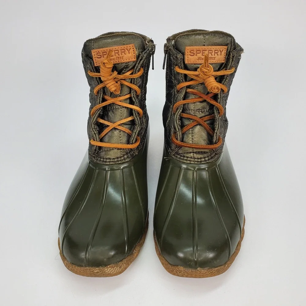 Sperry Saltwater Quilted Duck Boots‎ Olive Metallic Bronze STS80753 Womens 9.5 M